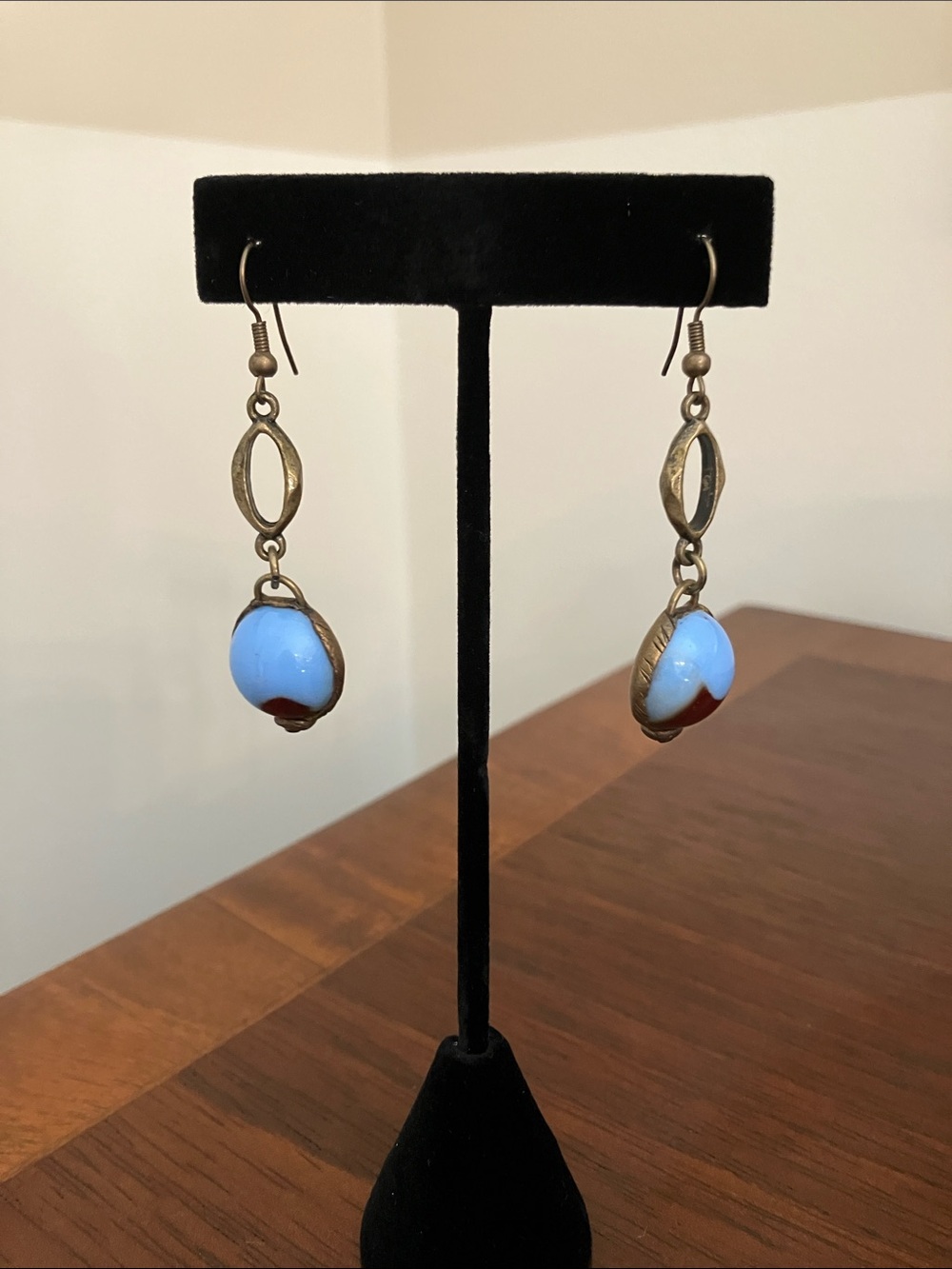 Vintage Blue and dark red Glass marbles Earrings - One of a kind.